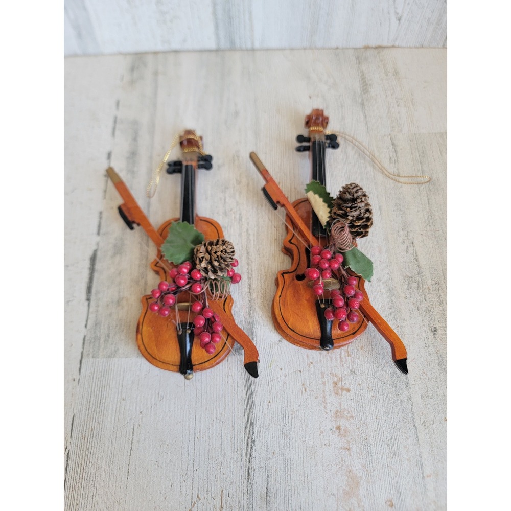 Vintage violin bow cranberry pine cone ornament Xmas wooden set home Cello